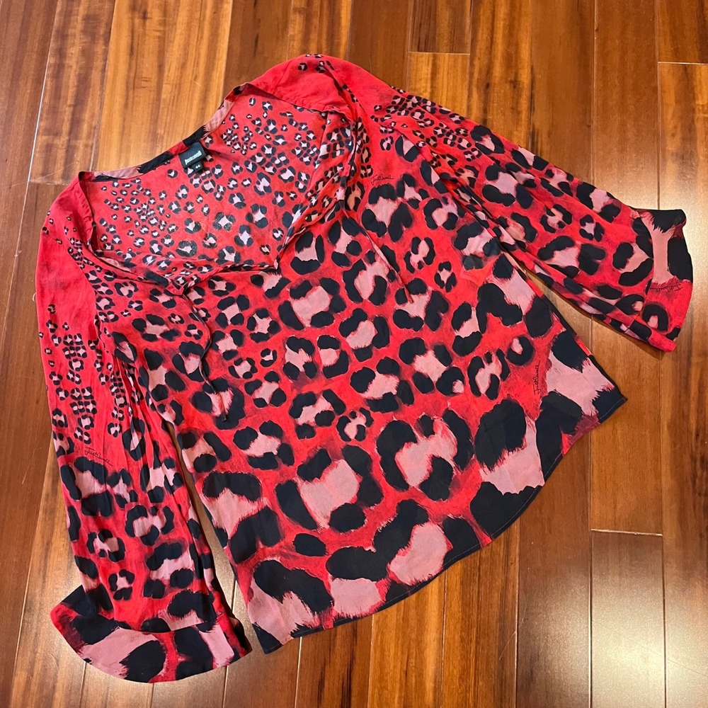 Just Cavalli Red Silk Blouse Long Sleeve Top Leopard Animal Print Sz 44 / US 8 L